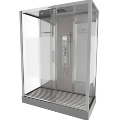 Douchecabines|Brico Technische Eigenschappen:75X150X215Cmbenodigde Hoogte Voor Installatie 230Cmmetaalgrijs Gelakte Aluminium Structuuromkeerbare Schuifdeur In 6 Mm Van Gehard Glasachterwand Van Grijs Gehard Glas Van 5 Mmcomposiet Houten Kolom Met Roestvrijstalen Plaatvoorwanden En Zijkanten Met Gematteerde Bandenversterkt Grijs Acryl Dak En Douchebakmagnetische Sluitingsiliconenvrije Montagetoebehoren: Rvs Regendouchekopanti-Kalksteen Multi-Jet Roestvrijstalen Hydromassagepaneelanti-Kalksteen Handdouchepvc-Slang Met Metallic Effectglazen Plankenverchroomd Roestvrijstalen Handvatmechanische Mengkraan90 Mm Afvoer Met Hoog Debietcomposiet Houten Roostergeleverd Met Aansluitslangen